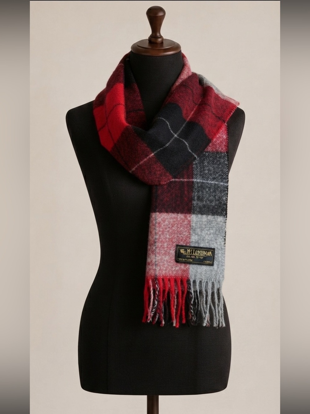 Wm. H. Leishman Tartan Wool Scarf Red Grey Black Plaid